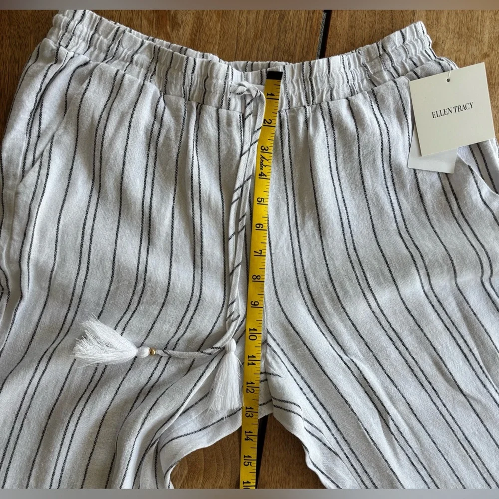 Ellen Tracy Linen Stripe Wide Leg Pants Women's Small White w/ Black pinstripes - Picture 14 of 15
